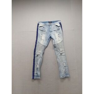 M‎ Society Men Jeans 36X32 Light Blue Zip Button Pockets Distressed Logo Casual